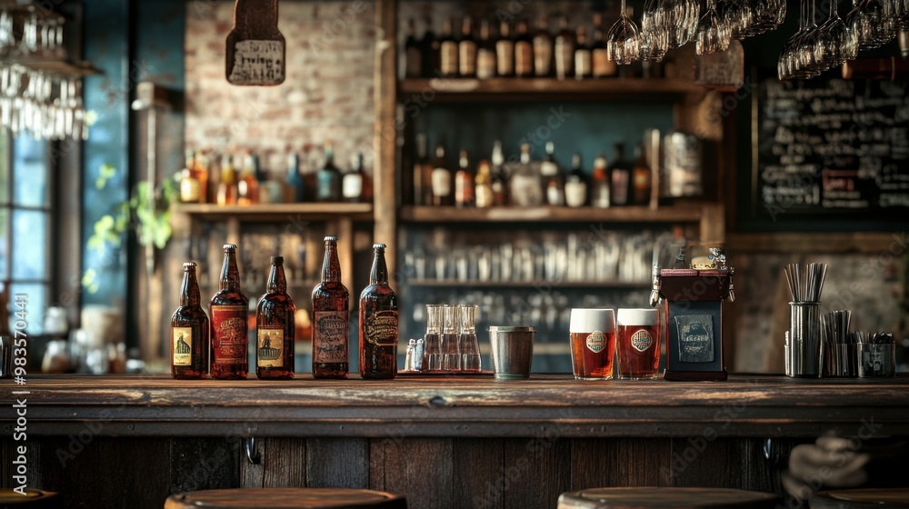 A rustic bar scene with a variety of beer bottles and glasses, set in a cozy and inviting space. A rustic bar scene with a variety of beer bottles and glasses, set in a cozy and inviting space.
