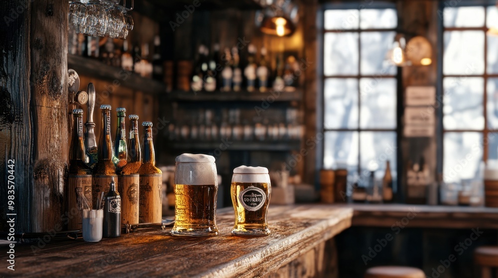 A rustic bar scene with a variety of beer bottles and glasses, set in a cozy and inviting space. A rustic bar scene with a variety of beer bottles and glasses, set in a cozy and inviting space.