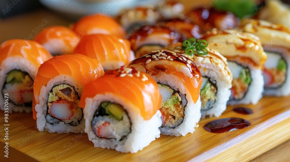 A selection of fresh sushi rolls with various fillings, served on a wooden board with soy sauce and wasabi. A selection of fresh sushi rolls with various fillings, served on a wooden board with soy sauce and wasabi.