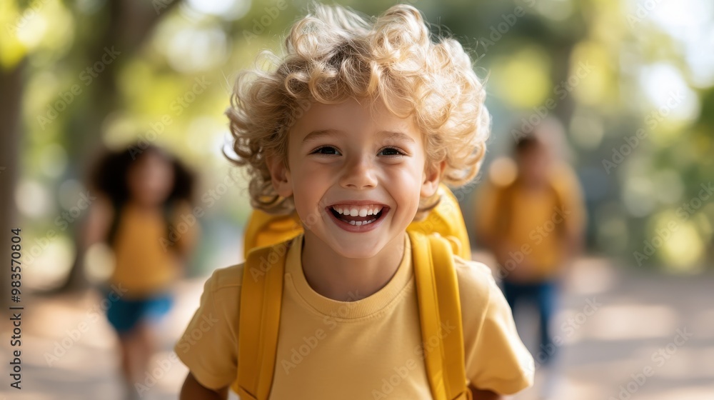 A happy child with curly blonde hair and a yellow backpack runs energetically towards the camera, with friends blurred in the background in a sunlit park. A happy child with curly blonde hair and a yellow backpack runs energetically towards the camera, with friends blurred in the background in a sunlit park.