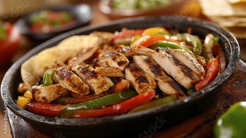 A sizzling plate of fajitas with grilled chicken, peppers, and onions, served with warm tortillas and fresh salsa.