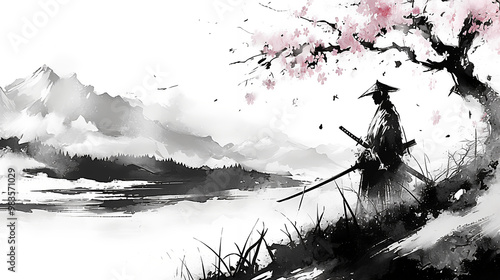 Samurai, sumi-e, ink painting, Japanese painting, Edo period, Meiji, Japan, cool, Japanese armor, Japanese sword, battle, traditional, building, anime, manga, comic photo