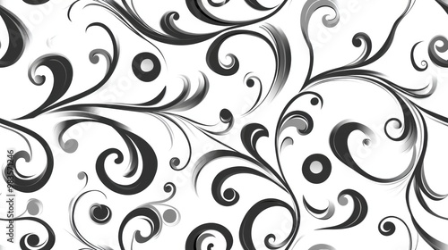 Seamless ornamental pattern featuring swirling elements on a white background