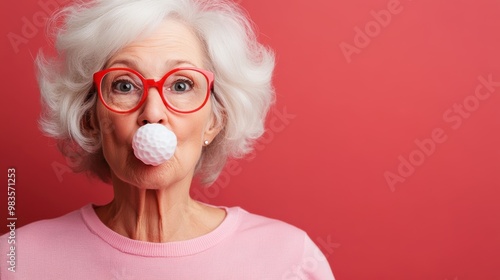 An elder lady with white hair and red glasses humorously blows a bubble resembling a golf ball, set against a red backdrop, showcasing humor in senior life.