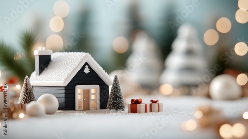 A small, dark-colored miniature house is covered in snow and placed among tiny decorated trees and various holiday ornaments, creating a festive and cozy scene. photo