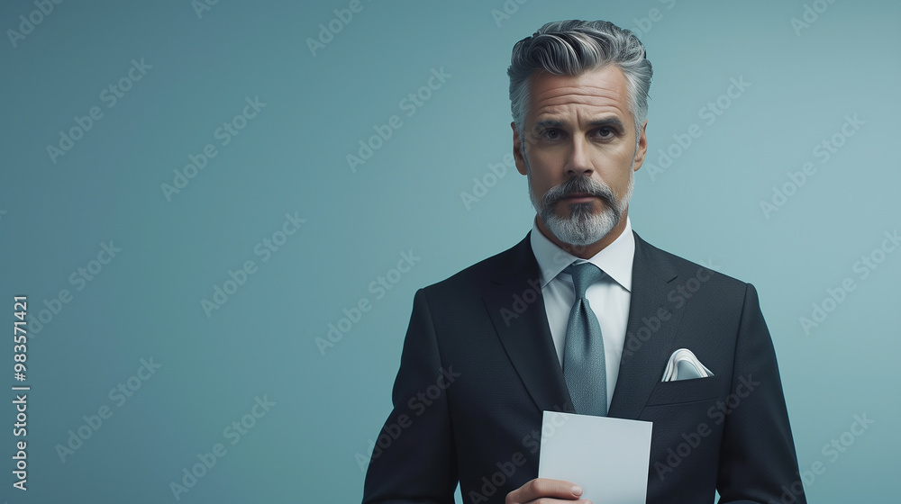 A confident professional in a tailored suit stands with a resume in hand, set against a clean, minimalist office background with ample copy space. A confident professional in a tailored suit stands with a resume in hand, set against a clean, minimalist office background with ample copy space.