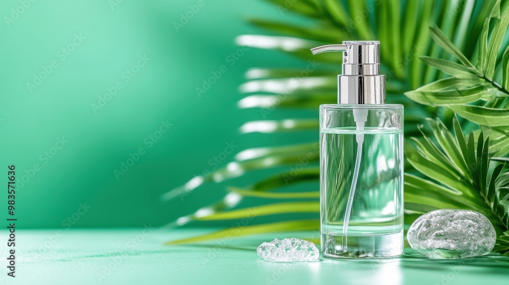 A clear dispenser bottle with a silver pump is situated on a light table adorned with green leaves and sparkles, showcasing a fresh and luxurious lifestyle setting. A clear dispenser bottle with a silver pump is situated on a light table adorned with green leaves and sparkles, showcasing a fresh and luxurious lifestyle setting.
