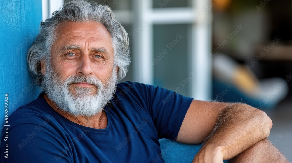 Elderly man with a gray beard and hair smiles warmly while sitting outdoors in a dark blue shirt, embodying a sense of contentment and seasoned charm. Elderly man with a gray beard and hair smiles warmly while sitting outdoors in a dark blue shirt, embodying a sense of contentment and seasoned charm.