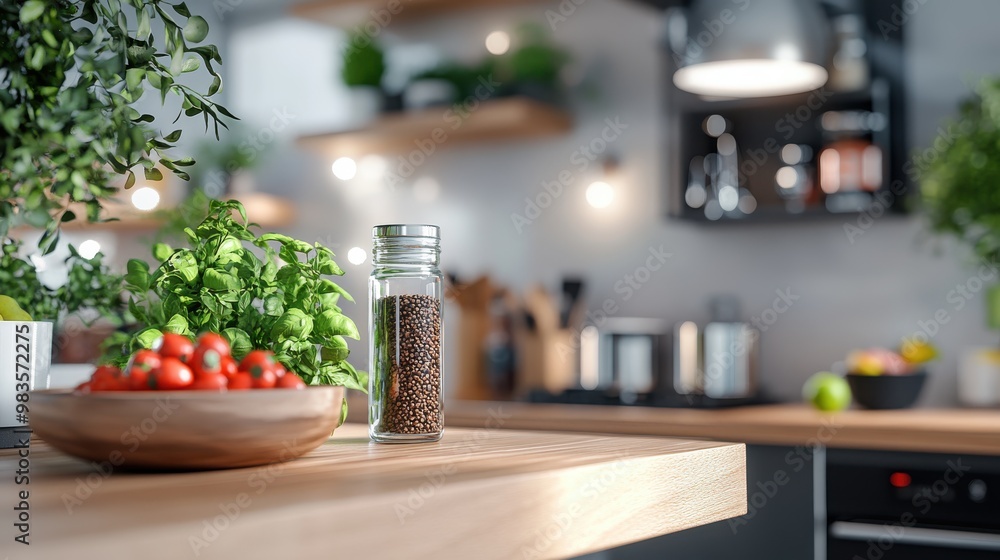 A modern and beautifully designed kitchen with fresh ingredients like tomatoes and herbs on the countertop, illuminated by stylish lighting for a vibrant cooking ambiance. A modern and beautifully designed kitchen with fresh ingredients like tomatoes and herbs on the countertop, illuminated by stylish lighting for a vibrant cooking ambiance.