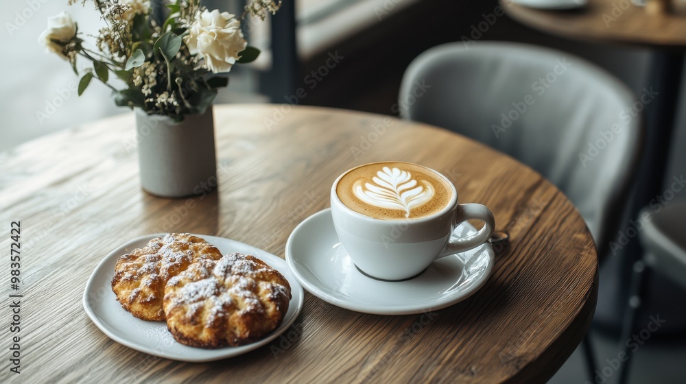 A stylish and modern scene with latte art, freshly baked pastries, and a minimalist table setting. A stylish and modern scene with latte art, freshly baked pastries, and a minimalist table setting.
