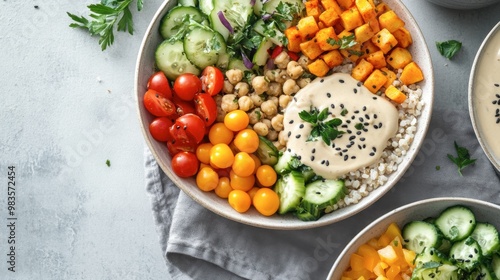 A stylish and modern presentation of a vegan Buddha bowl with a variety of fresh vegetables, grains, and a tahini dressing.