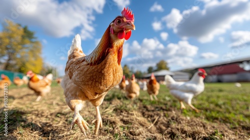 A chicken walks on grassy farm grounds under a blue sky with scattered clouds, creating a serene and pastoral image that captures the calmness and beauty of rural life in nature. photo