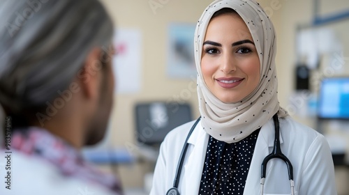 A dedicated doctor in a hijab provides attentive patient care in a hospital setting, showcasing her commitment to medical excellence and cultural understanding.