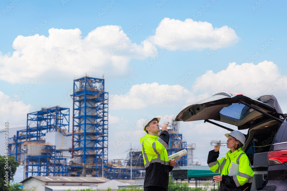 custom made wallpaper toronto digitalengineer team stand and sit back suv drinking water relax at oil refinery plant construction site.