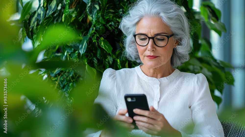 A sophisticated older woman with grey hair engrossed in her smartphone, set in a luscious interior garden. It conveys elegant calm and the merge of tech with nature. A sophisticated older woman with grey hair engrossed in her smartphone, set in a luscious interior garden. It conveys elegant calm and the merge of tech with nature.