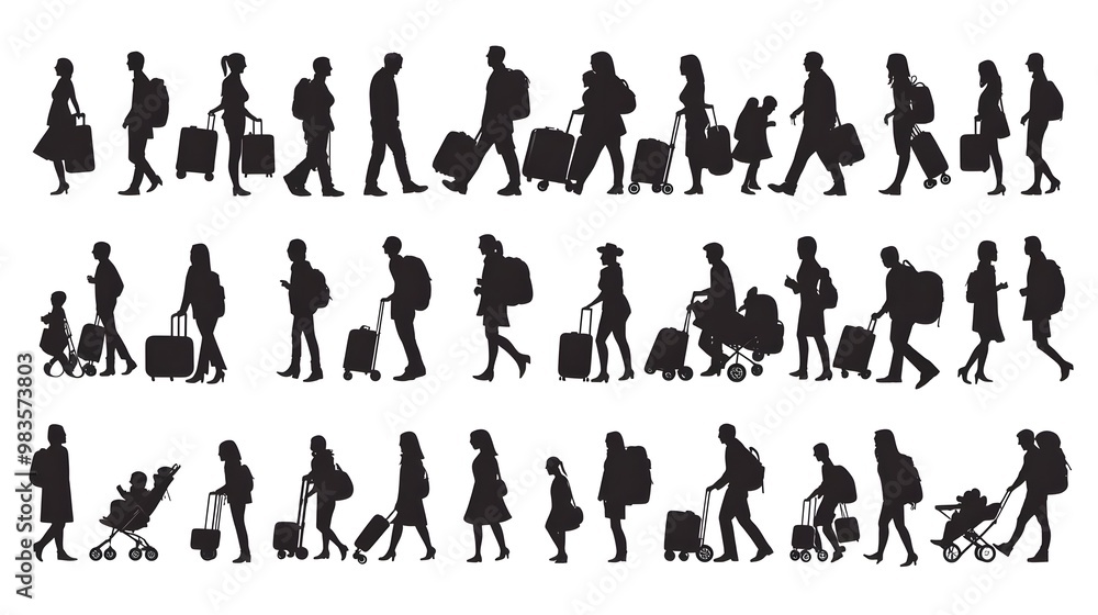 Silhouette of Diverse People with Luggage Walking in Motion Silhouette of Diverse People with Luggage Walking in Motion