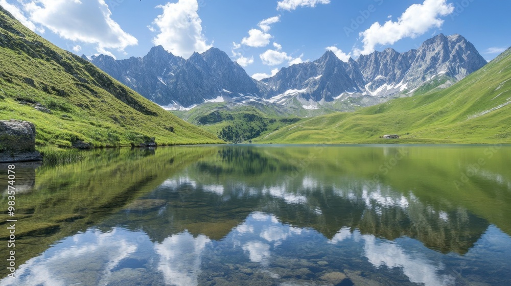 A tranquil lake in the French Alps, with reflections of the surrounding mountains on the water. A tranquil lake in the French Alps, with reflections of the surrounding mountains on the water.