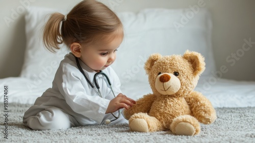 Baby girl dressed as doctor examining teddy bear patient, clean white wall