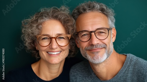 A picturesque image of a couple wearing chic matching glasses, smiling serenely, and showcasing an enduring bond against a calming, aesthetic background.