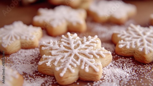 Delicious snowflake-shaped cookies decorated with white icing and powdered sugar, perfect for winter celebrations and holidays.