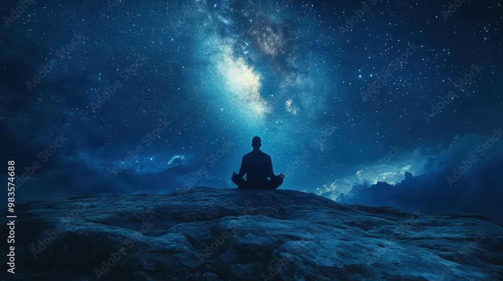 Solitary meditation transforming inner turmoil into a calm, starry night sky Solitary meditation transforming inner turmoil into a calm, starry night sky