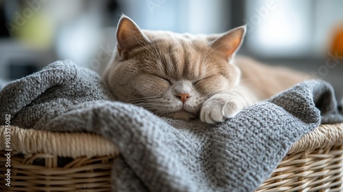 British Shorthair cat napping in a laundry basket full of warm clothes straight from the dryer