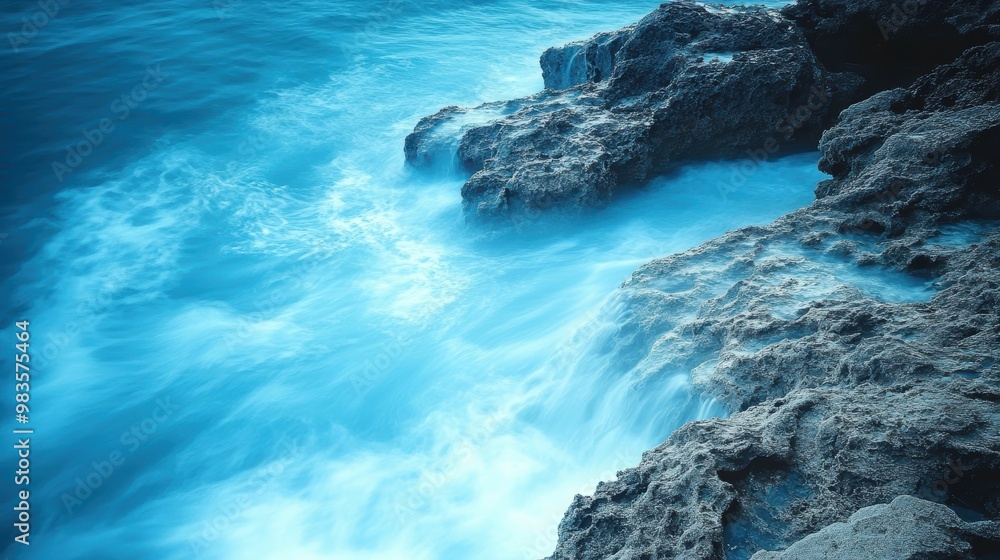 Ocean waves crashing on rocky shore, captured with slow shutter speed for dreamy blue effect Ocean waves crashing on rocky shore, captured with slow shutter speed for dreamy blue effect