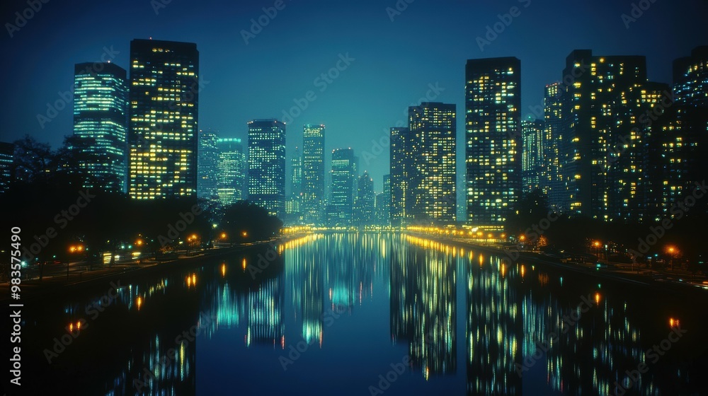Fototapeta premium Neon-lit cityscape at dusk, blue hour casting ethereal glow on skyscrapers