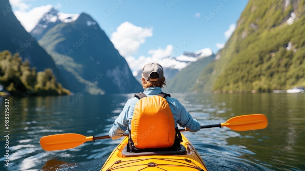 A kayaker navigates through calm waters surrounded by towering mountains and lush greenery in an idyllic and picturesque setting, epitomizing tranquility and adventure. A kayaker navigates through calm waters surrounded by towering mountains and lush greenery in an idyllic and picturesque setting, epitomizing tranquility and adventure.