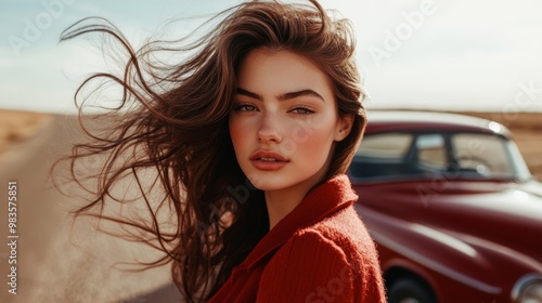 osing in front of a vintage car in an open road setting. A woman with perfectly styled, smooth hair p photo