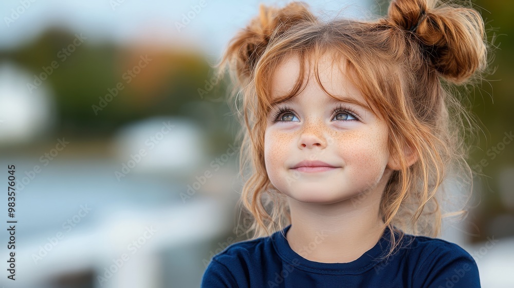 A cheerful red-haired girl outdoors with a joyful demeanor, wearing a navy shirt and two buns, under a bright sky, conveying happiness and innocence. A cheerful red-haired girl outdoors with a joyful demeanor, wearing a navy shirt and two buns, under a bright sky, conveying happiness and innocence.