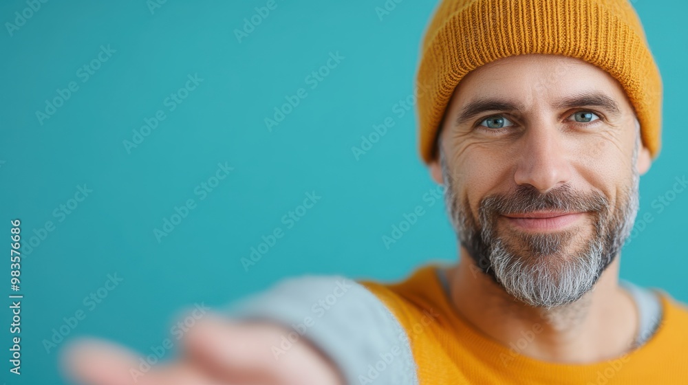 A bearded man in an orange beanie and casual attire smiles as he extends his hand outwards, presenting a warm and inviting demeanor against a blue backdrop. A bearded man in an orange beanie and casual attire smiles as he extends his hand outwards, presenting a warm and inviting demeanor against a blue backdrop.