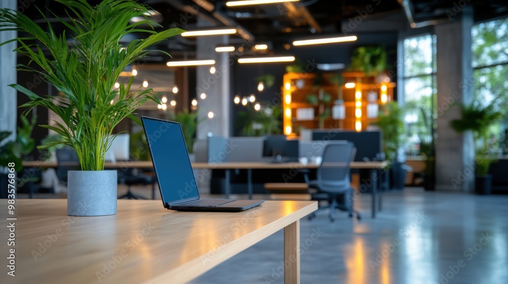 An open office space featuring a clean desk with a laptop and a green plant, stylish modern lighting, and chairs, set against a backdrop of large windows and a contemporary design. An open office space featuring a clean desk with a laptop and a green plant, stylish modern lighting, and chairs, set against a backdrop of large windows and a contemporary design.
