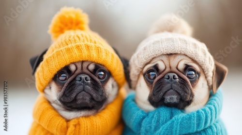 Two cute dogs wearing colorful knit sweaters and pom-pom hats sit together in a snowy landscape, capturing a moment of warmth and companionship in a wintry setting.