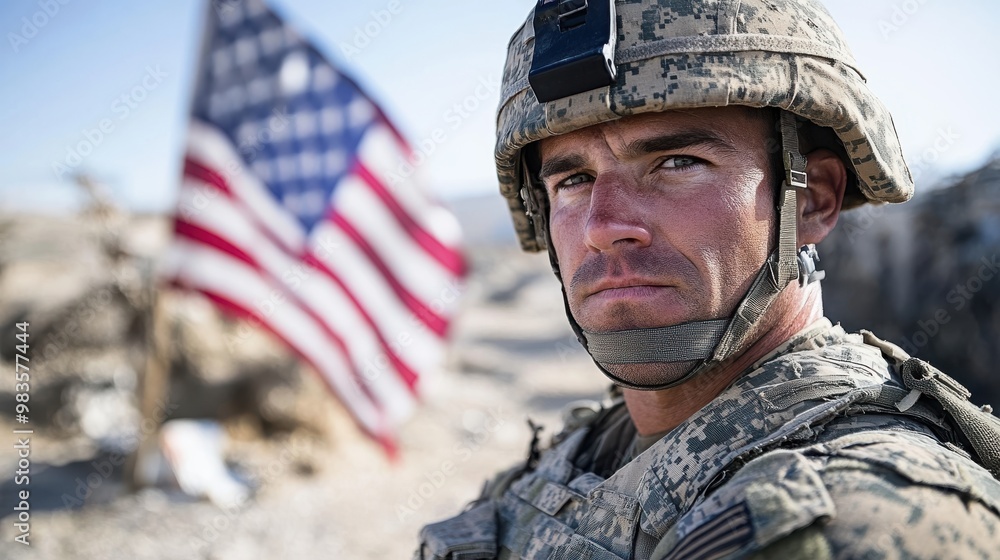 Close-up of a soldier in military gear with the American flag in the background. The image represents patriotism, courage, and commitment to serving the country. Close-up of a soldier in military gear with the American flag in the background. The image represents patriotism, courage, and commitment to serving the country.