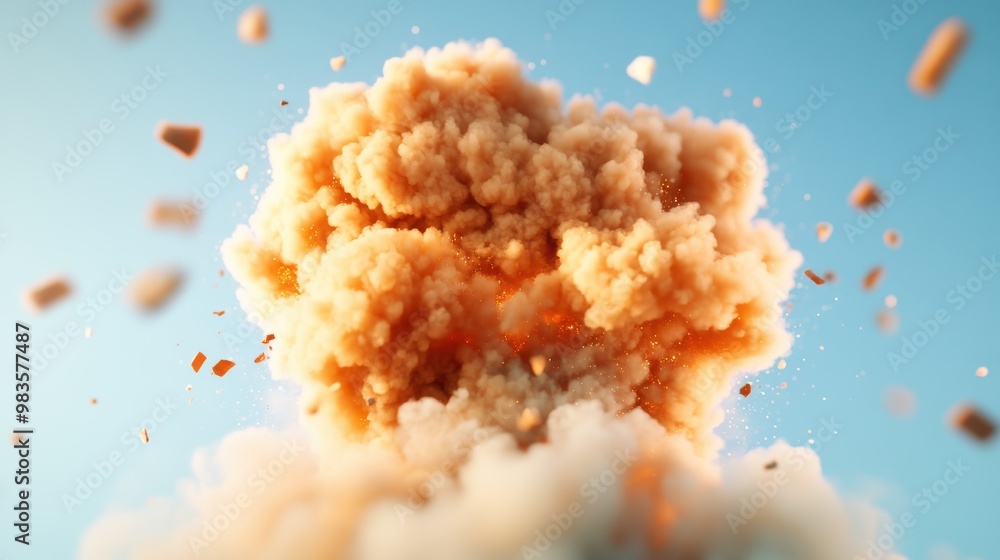 A massive explosion sending a huge cloud of debris and smoke into the air, showcasing the powerful impact and chaotic force of a sudden blast against blue sky. A massive explosion sending a huge cloud of debris and smoke into the air, showcasing the powerful impact and chaotic force of a sudden blast against blue sky.