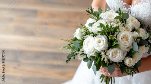 A bride in a white dress gracefully holds a bouquet of fresh white roses, symbolizing purity and love. Wooden floor in background enhances the romantic ambiance. photo