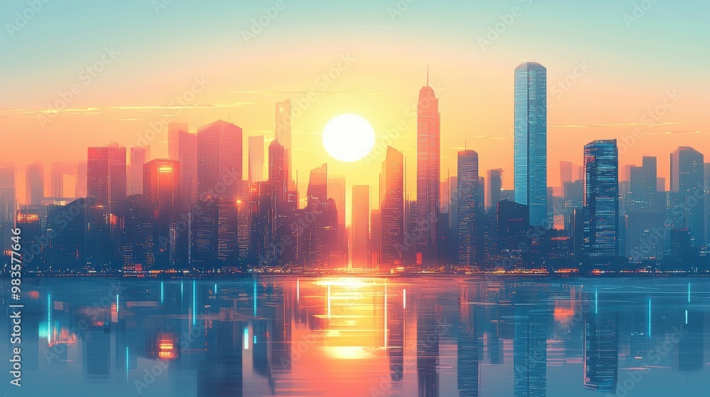 Futuristic cityscape with towering, gleaming skyscrapers, the minimalist, solid-colored background allowing the architectural elements to take center stage Futuristic cityscape with towering, gleaming skyscrapers, the minimalist, solid-colored background allowing the architectural elements to take center stage