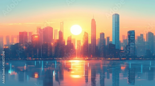 Futuristic cityscape with towering, gleaming skyscrapers, the minimalist, solid-colored background allowing the architectural elements to take center stage