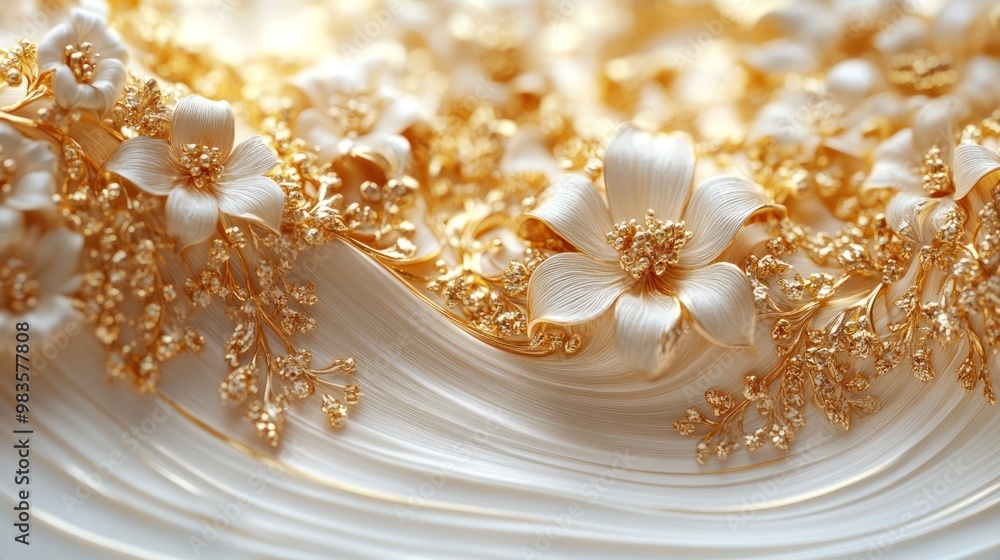 Elegant floral design with golden accents and textured waves. Elegant floral design with golden accents and textured waves.