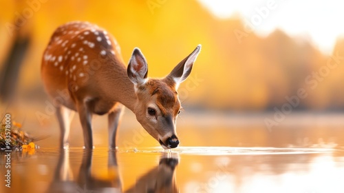 A graceful deer is captured tranquilly drinking from a calm, reflective water surface in an autumnal woodland, portraying serenity and the gentle beauty of wildlife. photo