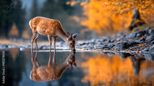 A young deer with dappled fur delicately drinks from a serene forest creek, the autumn leaves creating a vibrant backdrop of golden hues, reflecting in the water's surface. photo