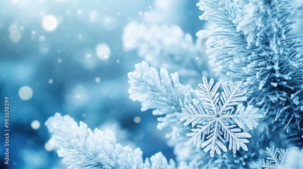 A serene winter scene featuring frosted pine branches and delicate snowflakes against a soft blue background. A serene winter scene featuring frosted pine branches and delicate snowflakes against a soft blue background.