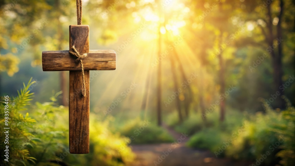 Rustic background with wooden cross hanging against natural backdrop for religious themes Rustic background with wooden cross hanging against natural backdrop for religious themes