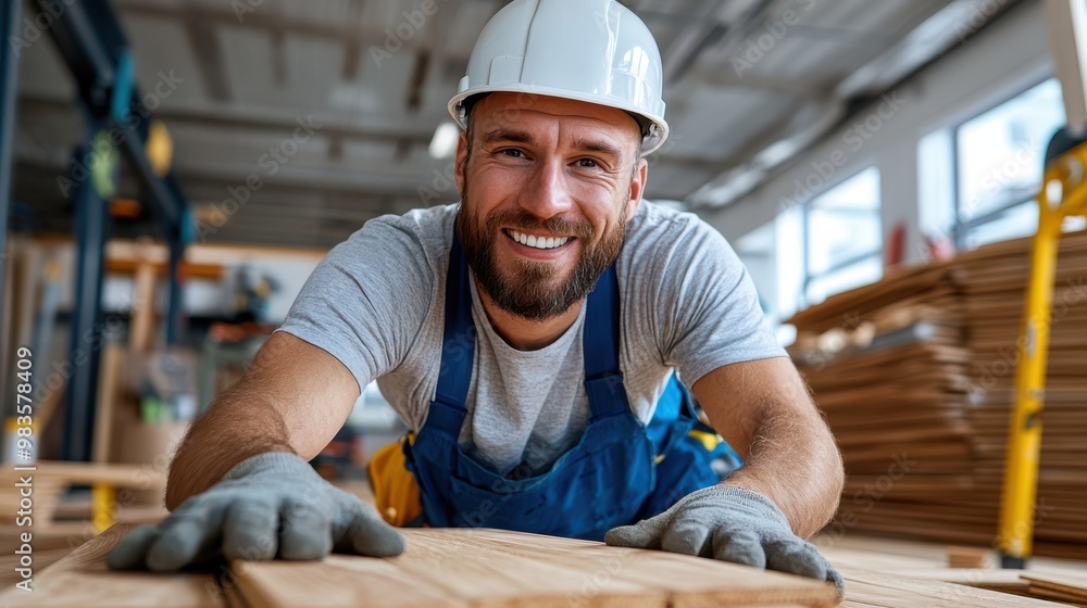 A bearded carpenter wearing a hard hat and gloves smiles confidently, leaning over a wooden plank in a bright, organized workshop filled with tools and materials. A bearded carpenter wearing a hard hat and gloves smiles confidently, leaning over a wooden plank in a bright, organized workshop filled with tools and materials.