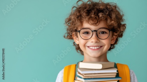 A smiling young child with curly hair and glasses holds a stack of books, standing against a bright background, seemingly excited to embark on a learning journey.