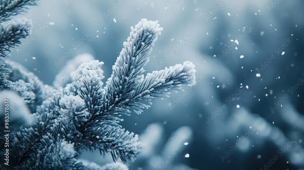 Close-up view of a frosted pine branch with falling snowflakes creating a serene winter atmosphere. Close-up view of a frosted pine branch with falling snowflakes creating a serene winter atmosphere.