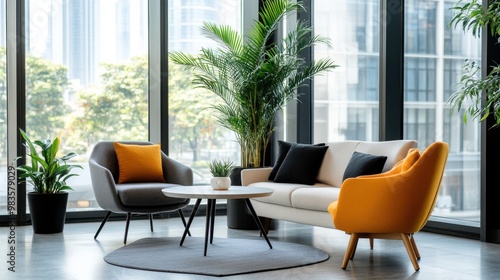 A stylish living room with grey and orange chairs, a plush sofa, a coffee table, and lush green plants against large windows, offering a stunning city view outside.