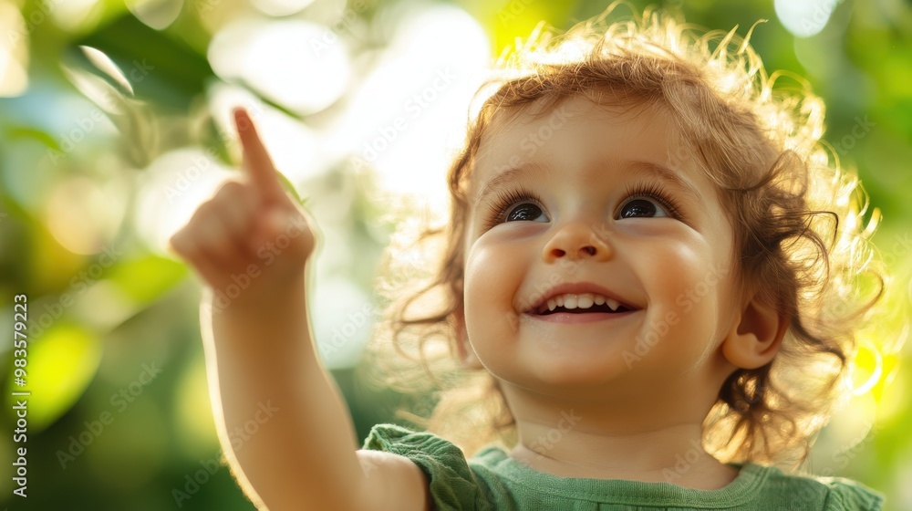 A toddler with curly hair points skyward, smiling with pure joy amidst greenery, highlighting childhood amazement and the beauty of experiencing the world anew. A toddler with curly hair points skyward, smiling with pure joy amidst greenery, highlighting childhood amazement and the beauty of experiencing the world anew.