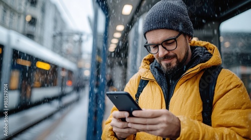 A young man in winter clothing stands at a city station, typing on his smartphone amid gently falling snow, reflecting modern connectivity and resilience against weather. photo